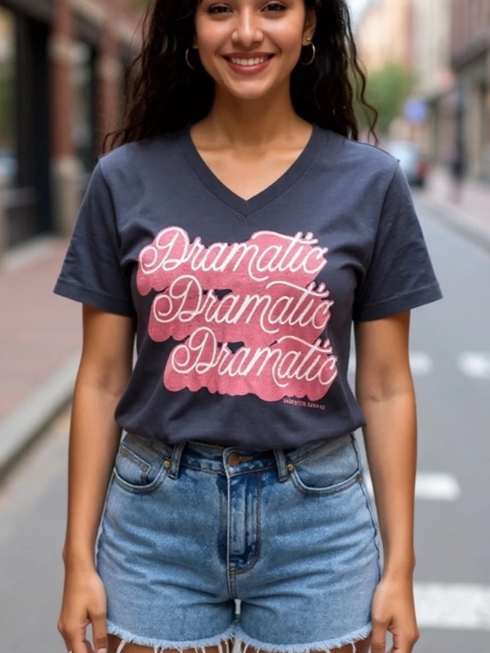 Southern Bliss Dramatic Graphic V-Neck Tee - Dark Blue with Pink Print Size XL
